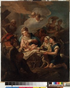 ""Tillbedjan av Kristusbarnet"" (The Adoration of the Christ Child) Målning av Nicola Grassi (1682-1748) 1700-talets Mikalojus Konstantinas Ciurlionis Museum of Fine Arts, Kaunas, Litauen av Nicolò Grassi