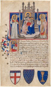 Madonna och barn på tronen mellan de heliga Petronius och Alle (Eligius); Kristus i inledande A av Nicolò da Bologna