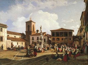 Benevento (region Campania), Orsini-torget med katedralens klocktorn och fontänen tillägnad påven Orsini (olja på duk) av Nicola Palizzi