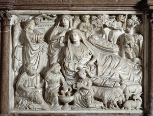 Bebådelse- och födelsestol realiserad av Nicola Pisano (1215 / 20-1278 / 84) (Marmorpredikstol) 1260 Baptistere Saint John of Pisa (Battistero San Giovanni di Pisa), Italien