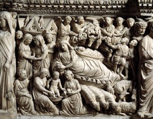 Gotisk konst och arkitektur: Visitation and Nativity - Detalj av basrelieferna av Marble Desk som Nicola Pisano (1215/20-1278/84) gjorde mellan 1266 och 1268 (Marmorpredikstolsdetaljer, visitation och födelse) Cathedrale Notre-Dame- de-l