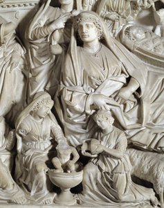 La nativite (nativity) Detaljstol realiserad av Nicola Pisano (1215 / 20-1278 / 84) (Marmorpredikstol) 1260 Baptistere Saint John of Pisa (Battistero san Giovanni di Pisa), Italien av Nicola Pisano