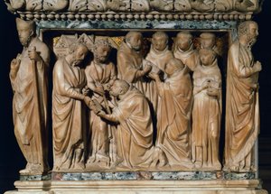 Apostlarna Petrus och Paulus framträder för Saint Dominic, dekorativ relief från Arca di San Domenico, av Nicola Pisano och hans verkstad, marmor, San Domenicos kapell, San Domenico basilikan, Bologna, Emilia-Romagna, Italien av Nicola Pisano