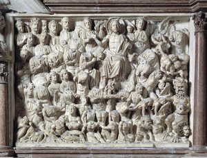 The Last Judgment (Last Judgment) Stol tillverkad av Nicola Pisano (1215/20-1278/84) (Marmorpredikstol) 1260 Baptistere Saint John of Pisa (Battistero san Giovanni di Pisa), Italien