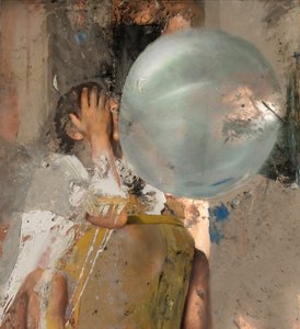 Bubble VI (sittande flicka), 2020 (olja på koppar)