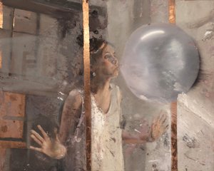 Bubble V (flickan bakom fönstret), 2020 (olja på koppar)