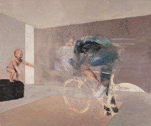 Barn med cyklist, 2019 (olja på duk) av Nicola Pucci