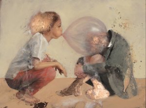 Hukande barn - bubbla 2, 2020 (olja på koppar) av Nicola Pucci