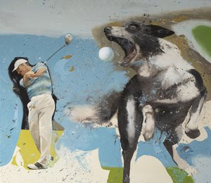 Golfspelare med hund, 2023 (olja på duk) av Nicola Pucci