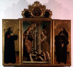 Triptyk: central panel som visar bebådelsen med Gud ovanför och sidopaneler som bär figurerna av två helgon (tempera på panelen) av Nicola de Maestro Antonio