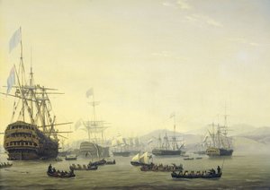 Krigsrådet ombord på "Queen Charlotte", under befäl av Lord Exmouth, före bombardementet av Alger, 26 augusti 1816 Fyra avsnitt under närvaron av den anglo-holländska flottan i Algerbukten, 26 till 27 augusti 1816 (serietitel)