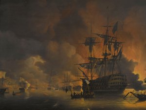 Branden på kajerna i Alger, kort efter att den anglo-nederländska flottan började bombardera den 27 augusti 1816 Fyra avsnitt under närvaron av den anglo-holländska flottan i Algerbukten, 26 till 27 augusti 1816 (serietitel)
