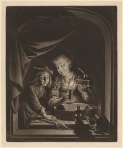 Hembiträde med en musfälla av Nicolaas Verkolje after Gerrit Dou