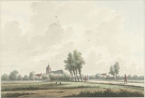 Ett landskap med en kyrka vid horisonten