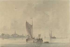 Segling pråmar på vattnet framför en holländsk stad
