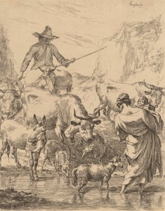 Flock som korsar bäcken. av Nicolaes Berchem