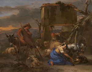 Pastoral scen med en herdinna som mjölkar en get, 166570.