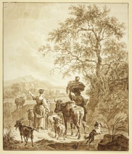 Herdinna och bonde med flock i italienskt landskap av Nicolaes Berchem