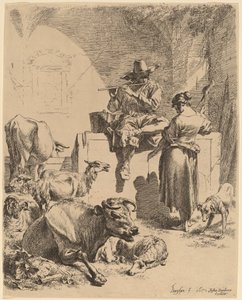 Herden sitter på en fontän och spinnaren, 1652.
