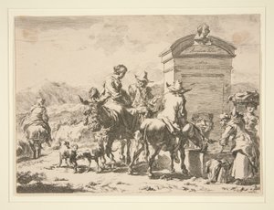 Untitled - Genrescen med människor på åsnor och en gravsten av Nicolaes Berchem