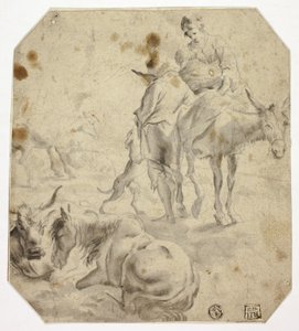 Kvinna och barn på åsna, man, hundar, hästar