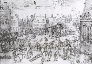 Krutkonspiratörernas död, 31 januari 1606 (gravyr) av Nicolaes Jansz (1586-1652) Visscher