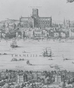 Panorama över London och Themsen, detalj från del två som visar St. Pauls Cathedral och Globe Theatre, c.1600 gravyrdetalj av 7214