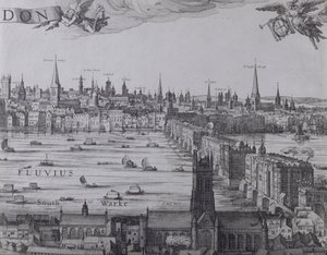 Panorama över London och Themsen, del tre som visar Southwark, London Bridge och kyrkorna i staden, ca 1600 (se även 7214, 64730 och 64732)