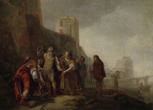 Alexander den stores legater investerar trädgårdsmästaren Abdalonymus med insignierna för kungadömet Sidon, 1649 av Nicolaes Knüpfer