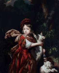 Holländska: Porträtt av en pojke med en get och en hund, i ett landskap Ett porträtt av en ung pojke klädd som jägare med en get och en hund av Nicolaes Maes
