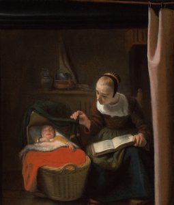 Ung kvinna vid en vagga av Nicolaes Maes