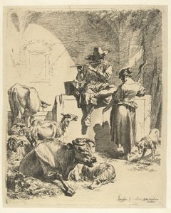 Herde som spelar flöjt och spinnare av Nicolaes Pietersz Berchem