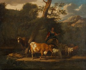 Herdinna med kor under ett träd av Nicolaes Pietersz. Berchem