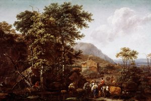 Landskap och djur. Målning av Nicolaes Berchem (1620-1683), holländsk målare