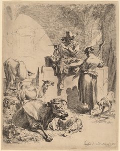 Herden som sitter på en fontän och spinnaren av Nicolaes Pietersz Berchem