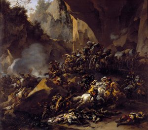 Resenärer attackerade av rånare av Nicolaes Pietersz Berchem