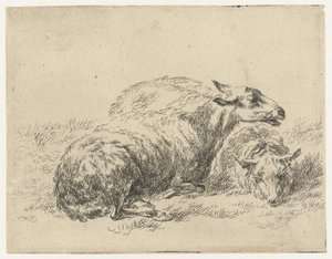 Twee ligende schapen Schapen (serietitel) Djur dragna till liv och tryckta med vatten för stark luft av Studio and Art of Nicolai Berchem (serietitel)