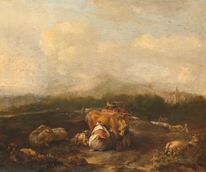 Italienskt landskap med boskap av Nicolaes Van Helt Stockade