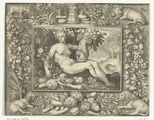Element jord som naken kvinna med ymnighetshorn Terra (titel på objekt) De fyra elementen (serietitel)