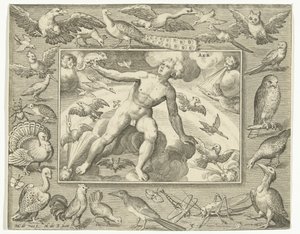 Element luft som en ung man på moln mellan flygande fåglar Air (titel på objekt) De fyra elementen (serietitel) av Nicolaes de Bruyn