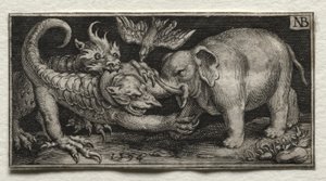 Elefant som slåss mot två odjur av Nicolaes de Bruyn