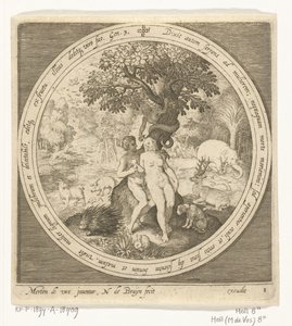 Eva blir bedragen av ormen vid kunskapens träd om gott och ont Från skapelse till utvisning från paradiset (serietitel) av Nicolaes de Bruyn