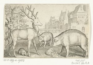 Rådjur, igelkott, får, groda och gris Animalivm qvadrvpedvm (serietitel) Djur i landskap (serietitel) av Nicolaes de Bruyn
