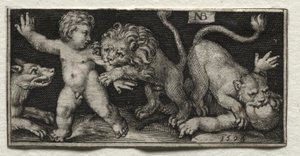 Lions attackerar barn av Nicolaes de Bruyn
