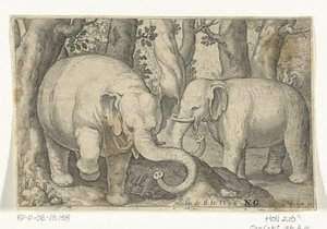Två elefanter Animalivm qvadrvpedvm (serietitel) Djur i landskap (serietitel) av Nicolaes de Bruyn