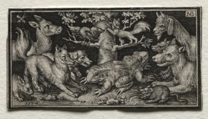 Tvåhövdad groda omgiven av djur, 1594.