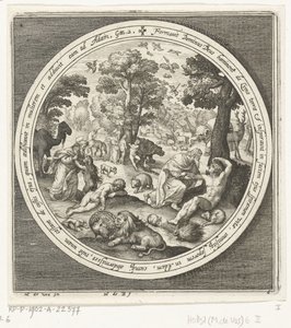 Skapelsens sjätte dag: Gud skapar djuren och Adam och Eva Från skapelse till utvisning från paradiset (serietitel) av Nicolaes de Bruyn