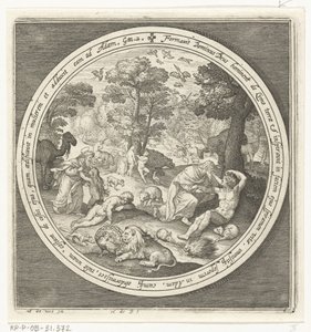 Skapelsens sjätte dag: Gud skapar djuren och Adam och Eva Från skapelse till utvisning från paradiset (serietitel) av Nicolaes de Bruyn