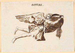 Boreas. Utkastsrelief på vindarnas torn i Pamphilus och Davus i samtal av Nicolai Abildgaard