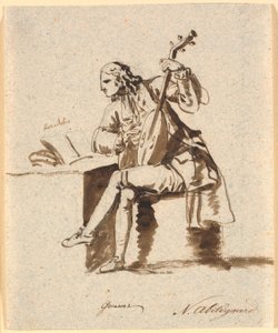 Den engelske poeten Gower satt med en luta vid ett bord som Herodotus ligger utspridda på av Nicolai Abildgaard